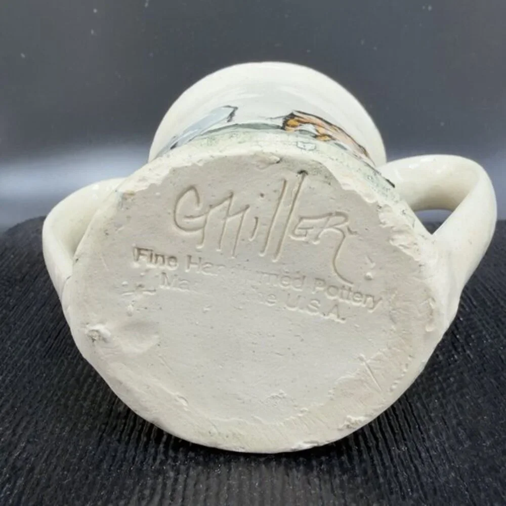 G Miller Signed Handcraft Art Pottery Double Handle Cup Mug Elephant Giraffe VTG